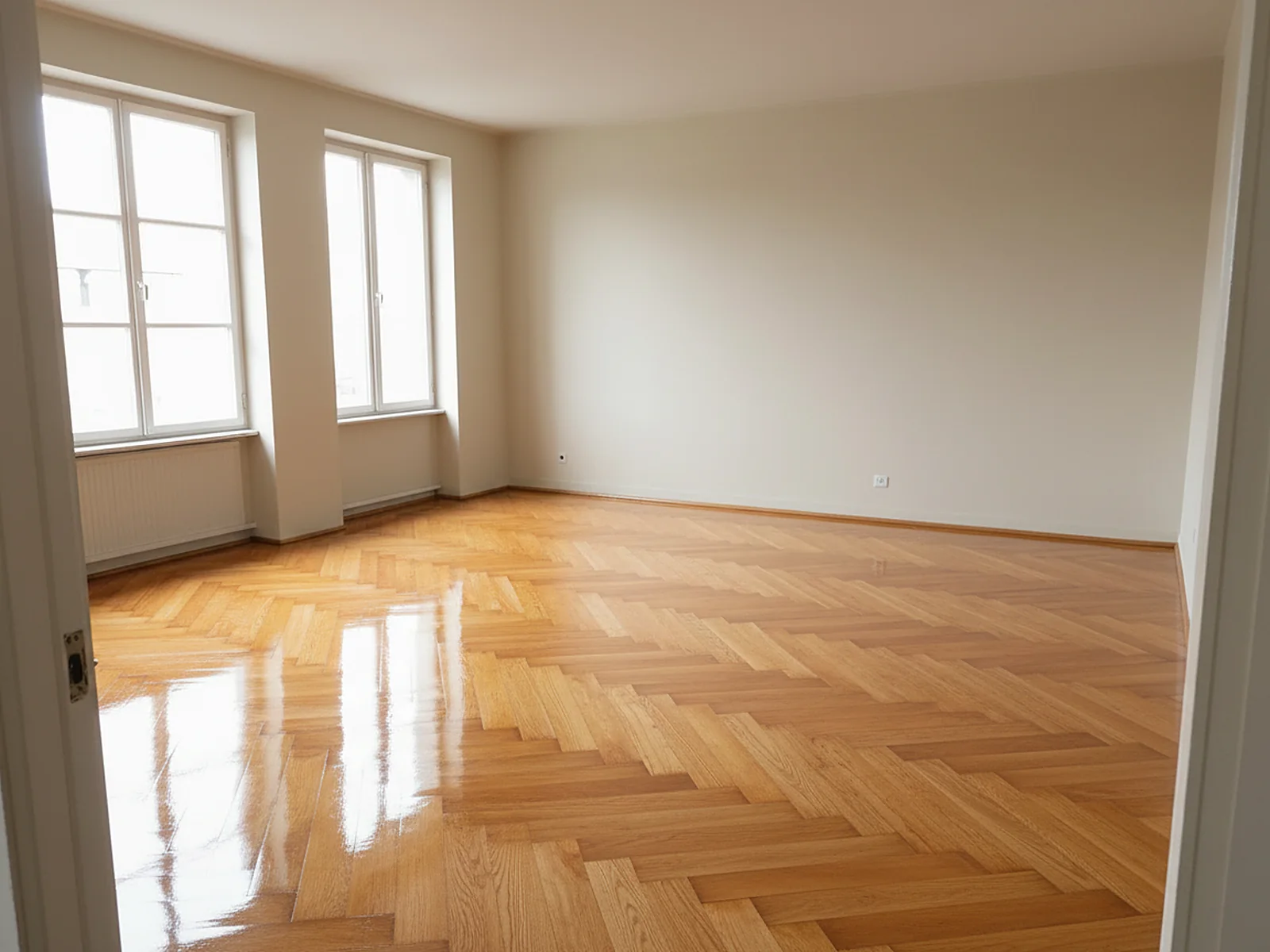 Le même salon après rénovation : parquet vitrifié brillant.