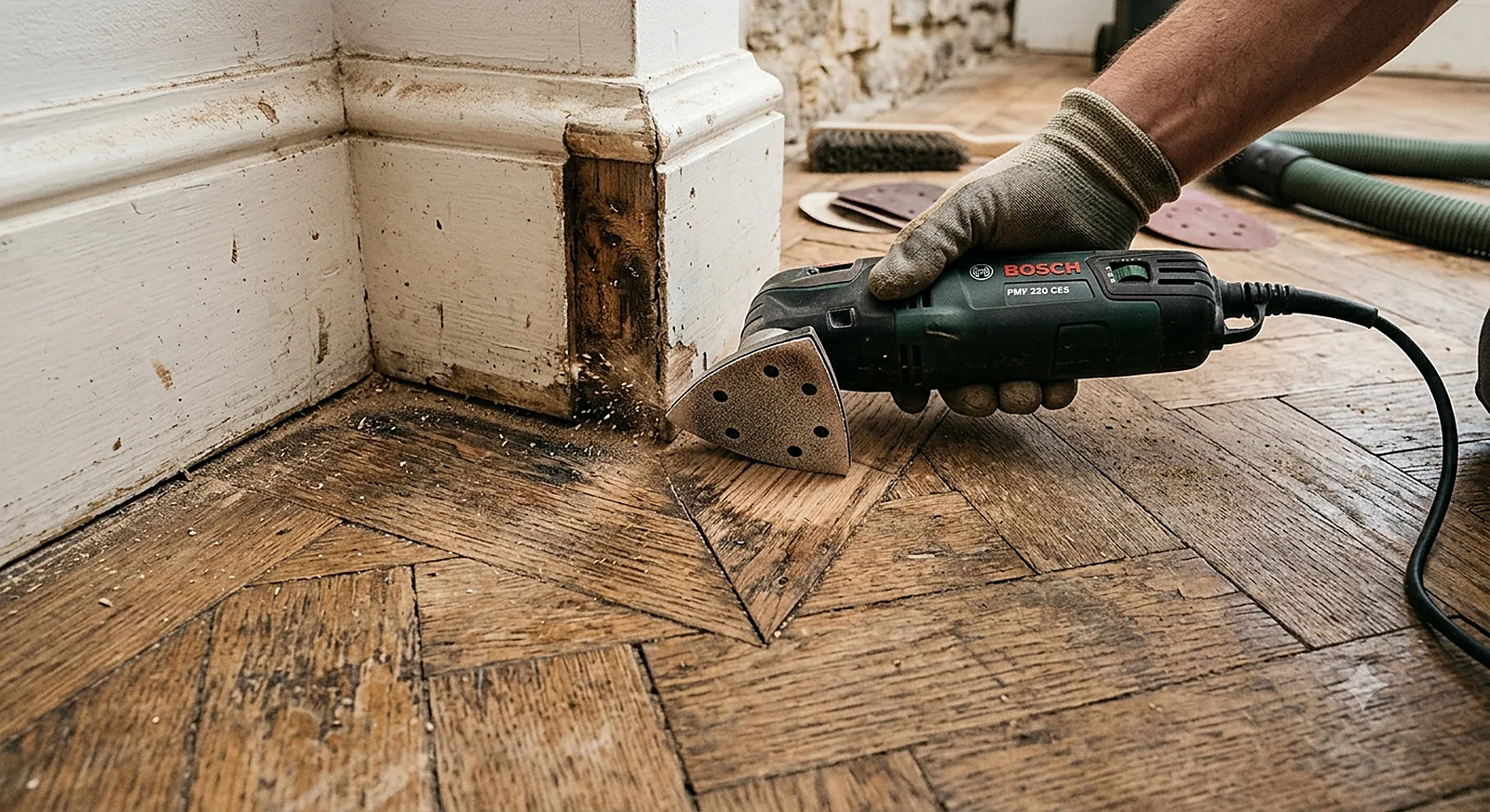 Porte-outil triangulaire ponçant un angle de parquet ancien près d’une plinthe.